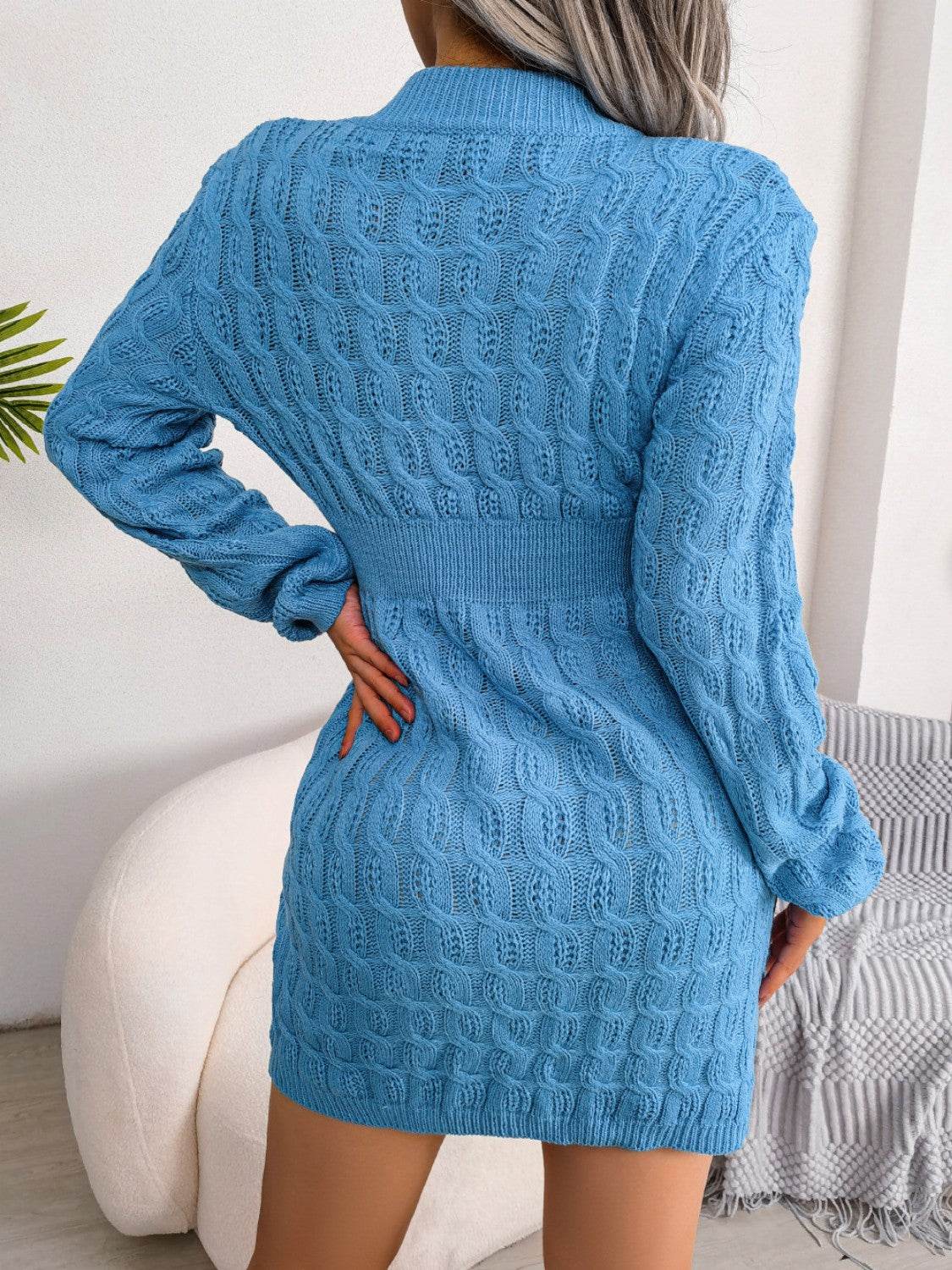 Cable-Knit Round Neck Mini Wrap Sweater Dress - Delanoir