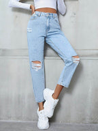 Distressed High Rise Jeans with Pockets - Delanoir
