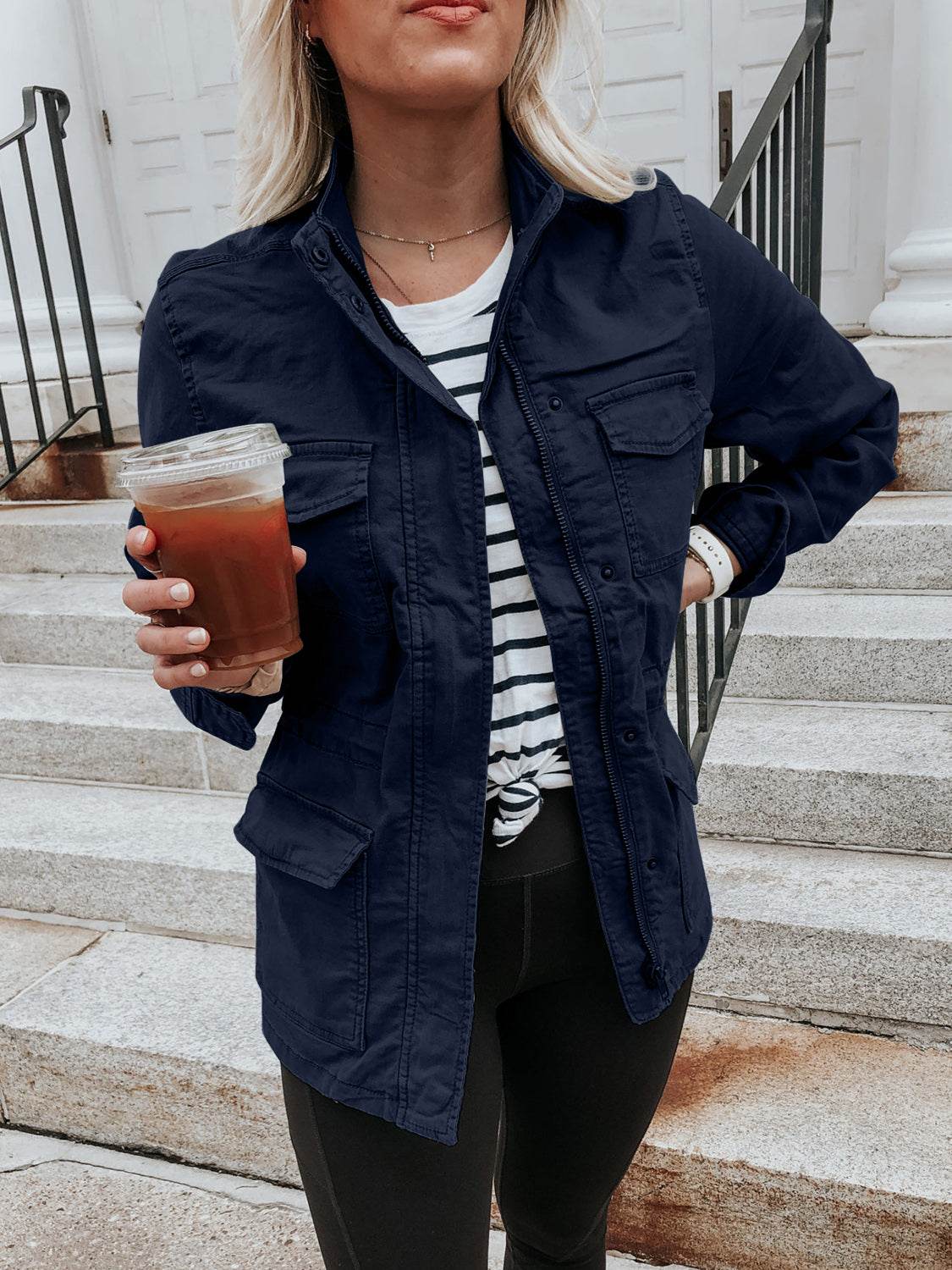 Pocketed Long Sleeve Zip Up Jacket - Delanoir