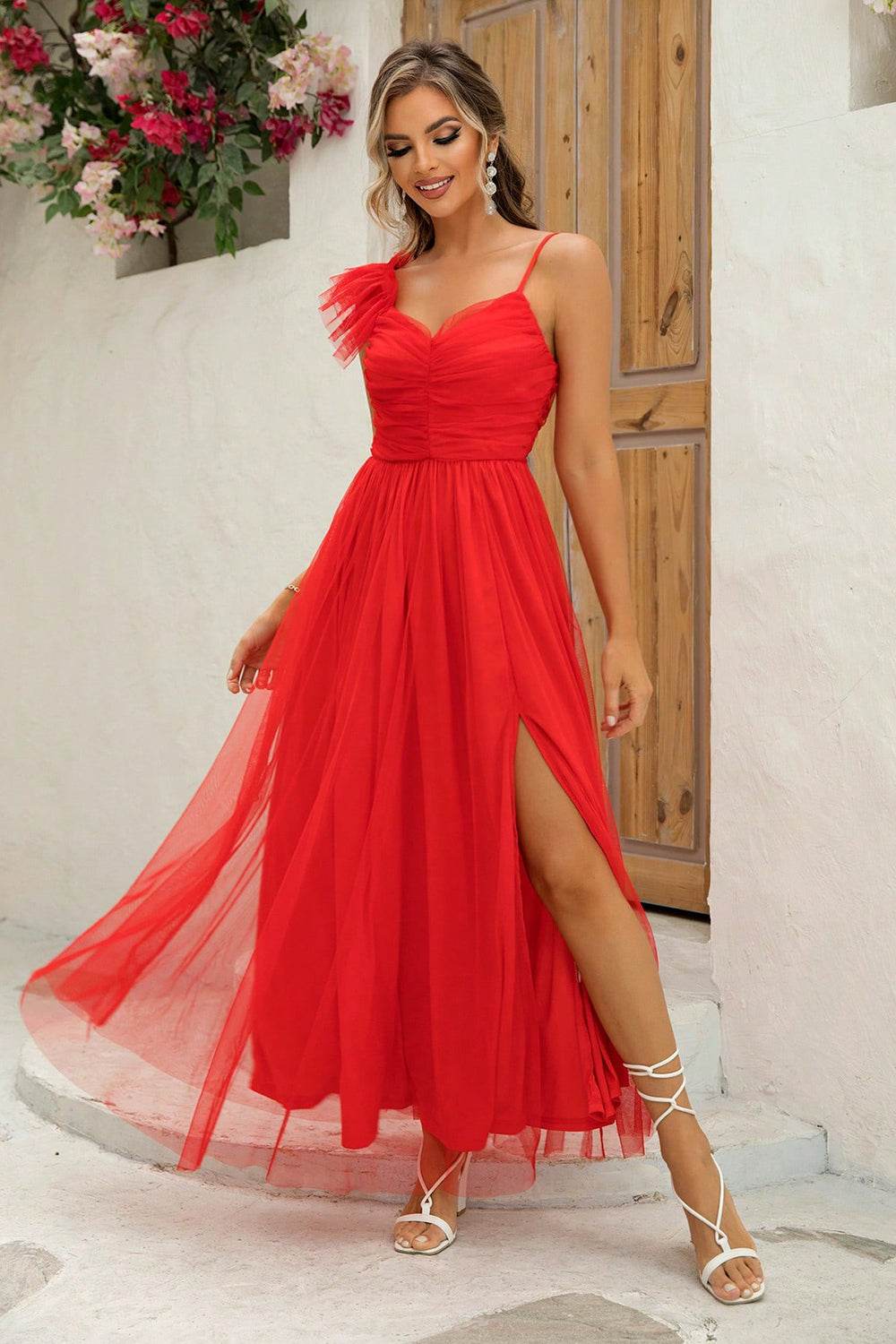 Asymmetrical Ruched Slit Dress - Delanoir