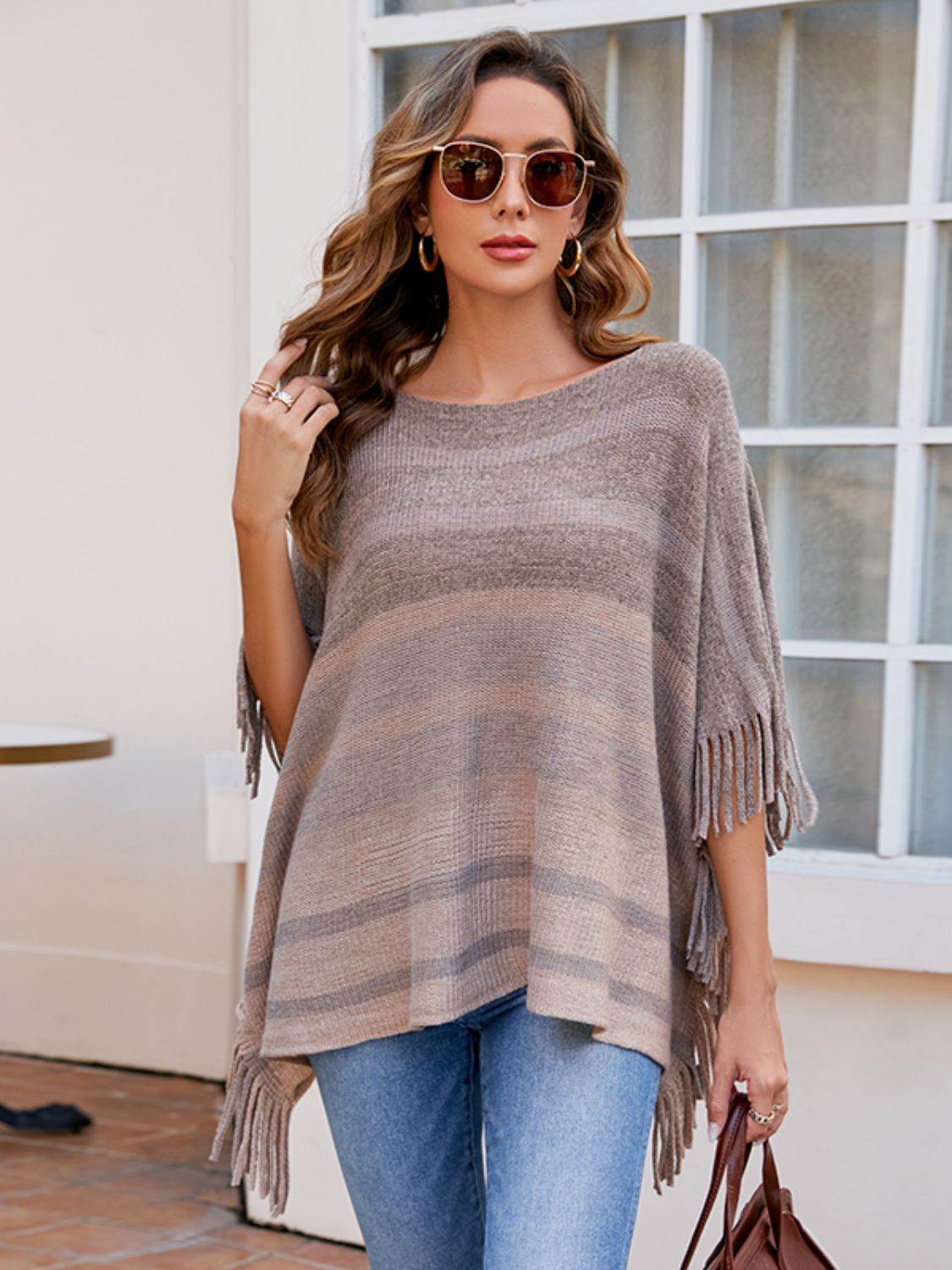 Striped Boat Neck Poncho with Fringes - Delanoir