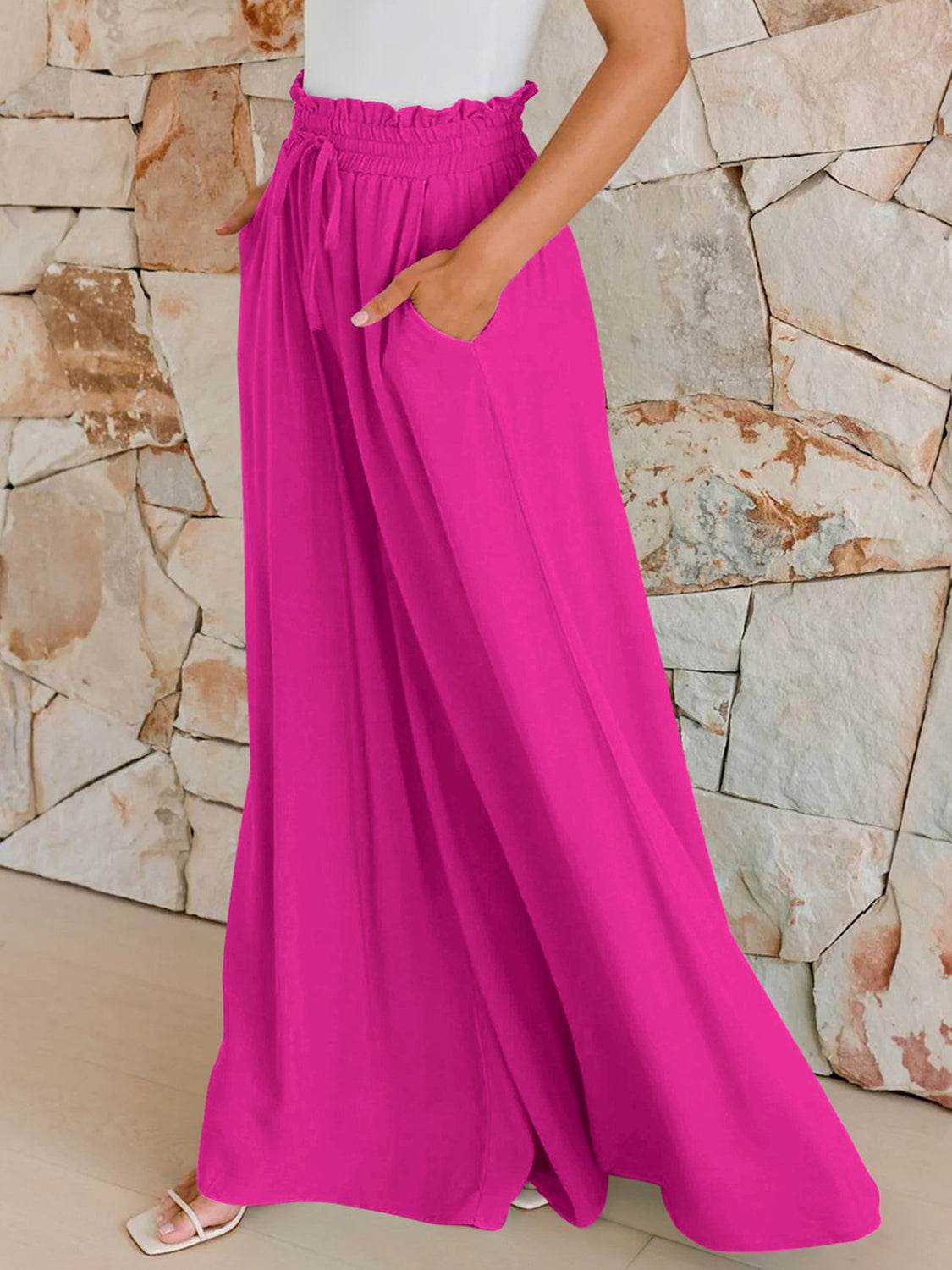 Drawstring Wide Leg Pants with Pockets - Delanoir
