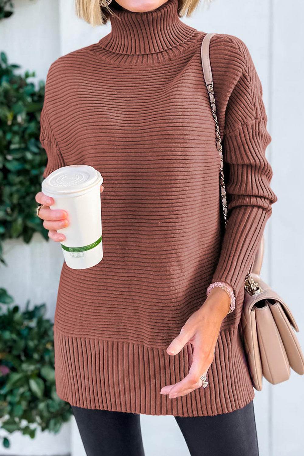 Ribbed Turtleneck Dropped Shoulder Pullover Sweater - Delanoir