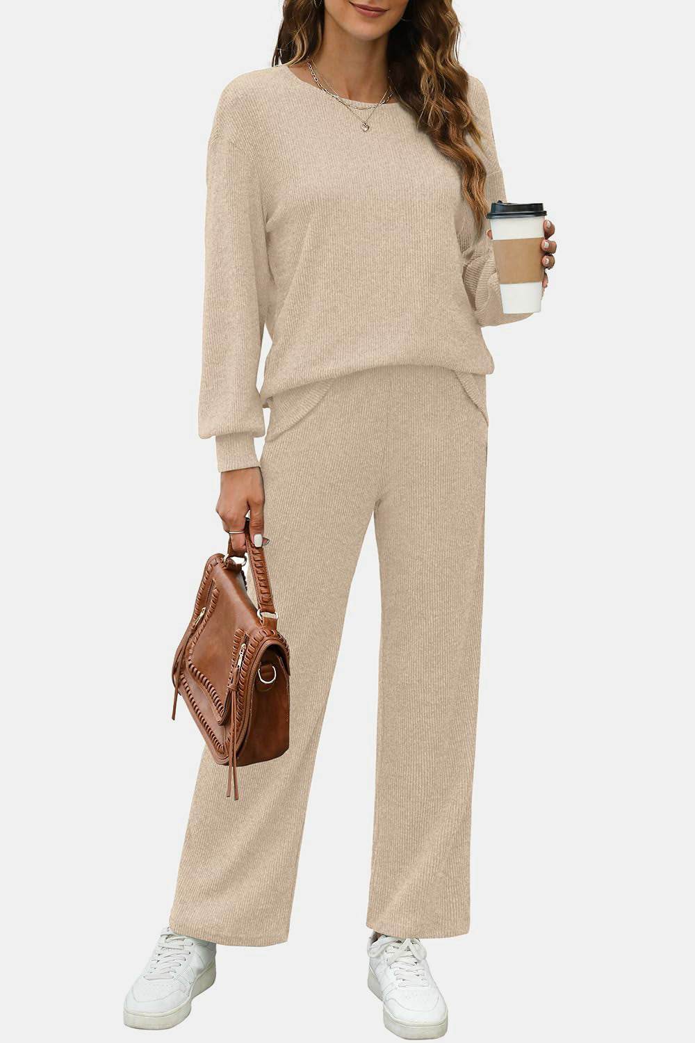 Round Neck Long Sleeve Top and Pants Set - Delanoir