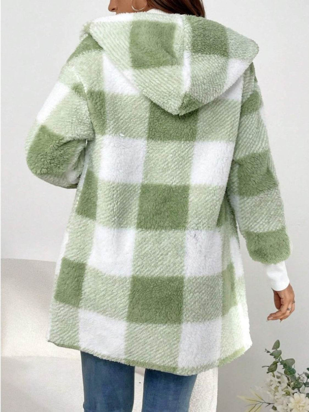 Plaid Long Sleeve Hooded Coat - Delanoir
