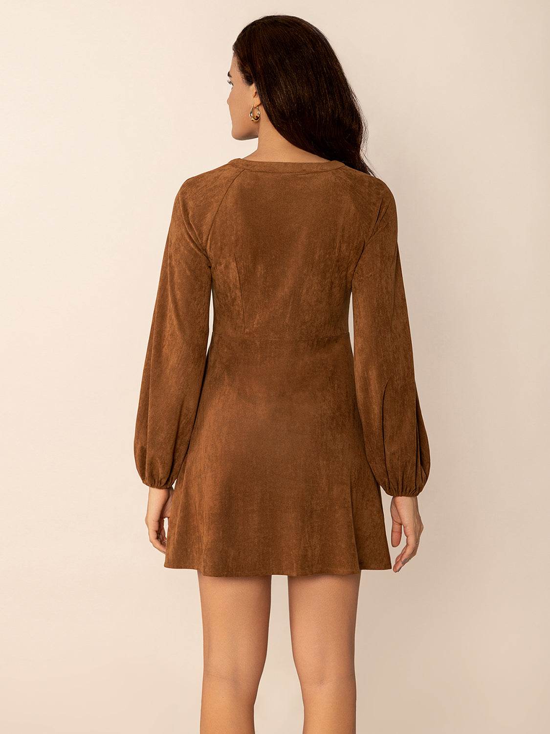 Notched Button Down Long Sleeve Mini Dress - Delanoir