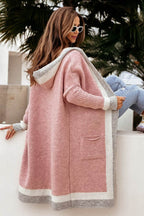 Pocketed Contrast Long Sleeve Hooded Cardigan - Delanoir
