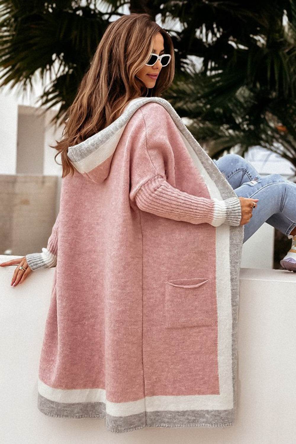 Pocketed Contrast Long Sleeve Hooded Cardigan - Delanoir