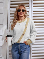 Decorative Button Round Neck Sweater - Delanoir