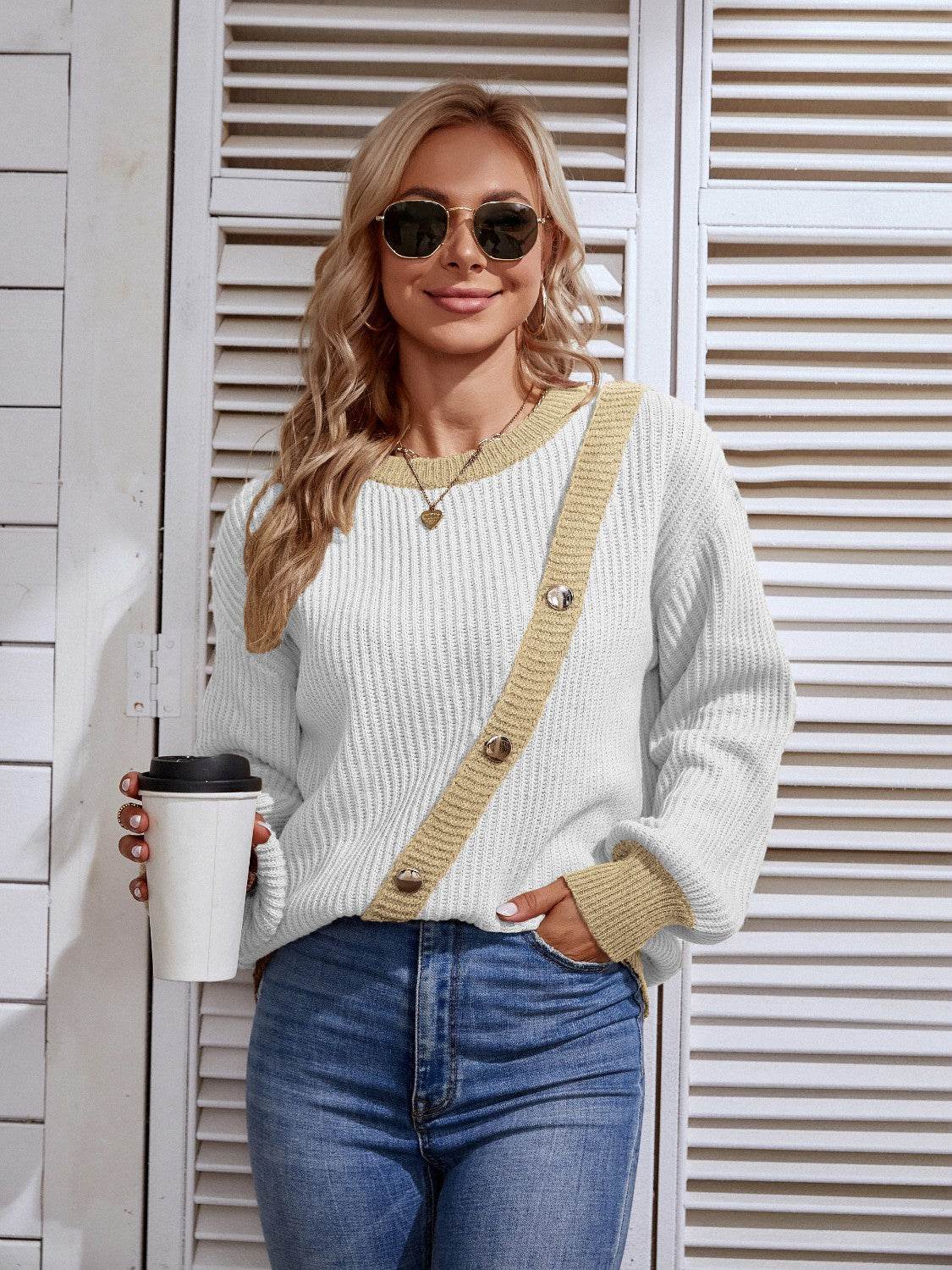Decorative Button Round Neck Sweater - Delanoir