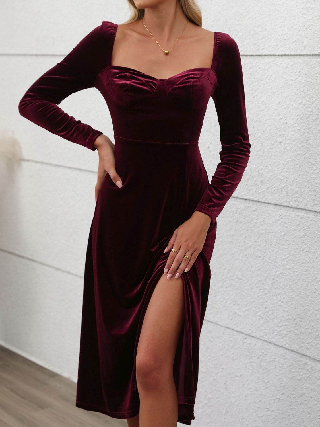 Perfee Sweetheart Neck Long Sleeve Midi Dress - Delanoir