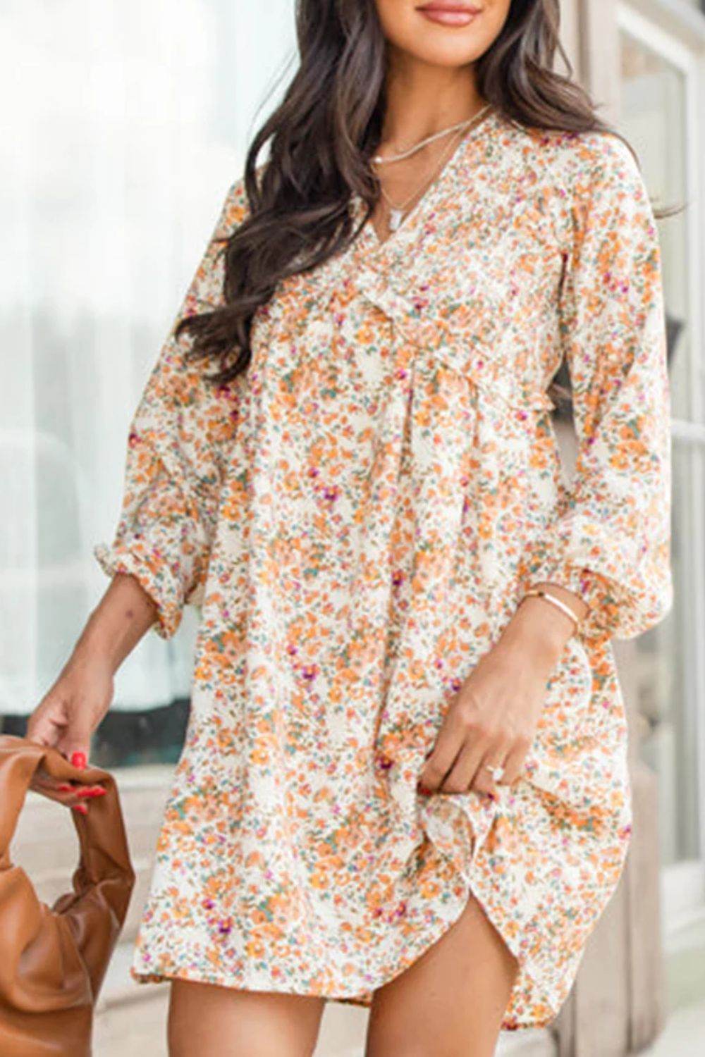Printed V-Neck Balloon Sleeve Mini Dress - Delanoir