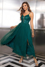 Spaghetti Strap Slit Mesh Dress - Delanoir