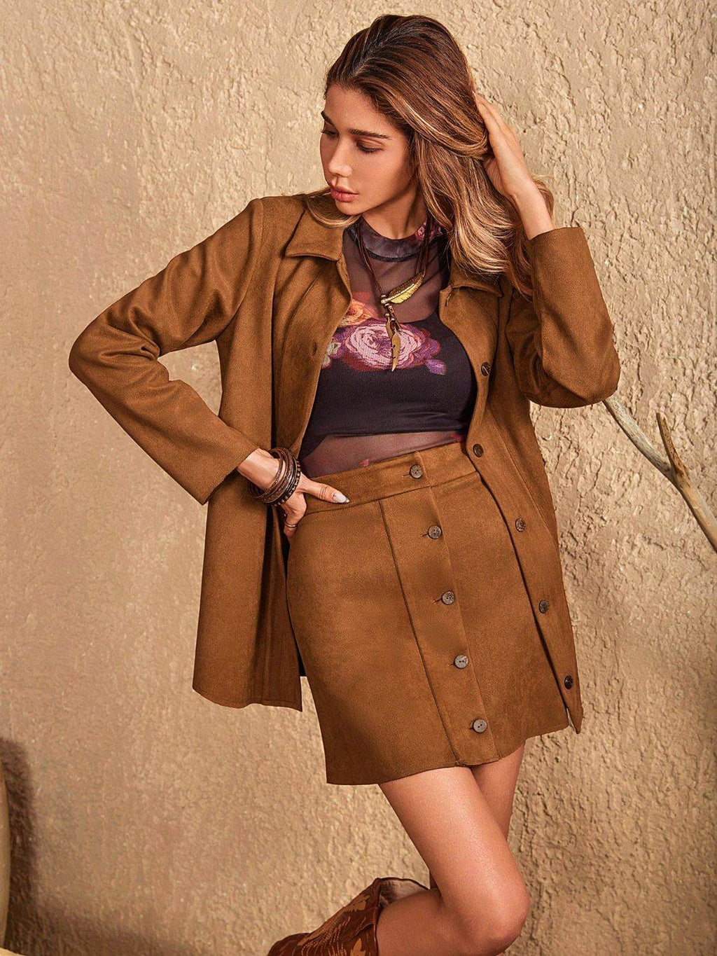 Button Up Collared Neck Jacket and Skirt Set - Delanoir