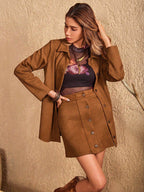 Button Up Collared Neck Jacket and Skirt Set - Delanoir