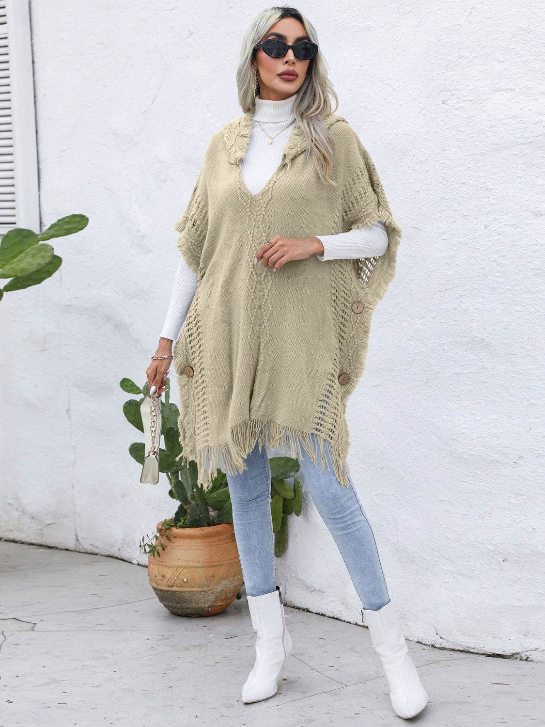 Fringe Trim Buttoned Hooded Poncho - Delanoir