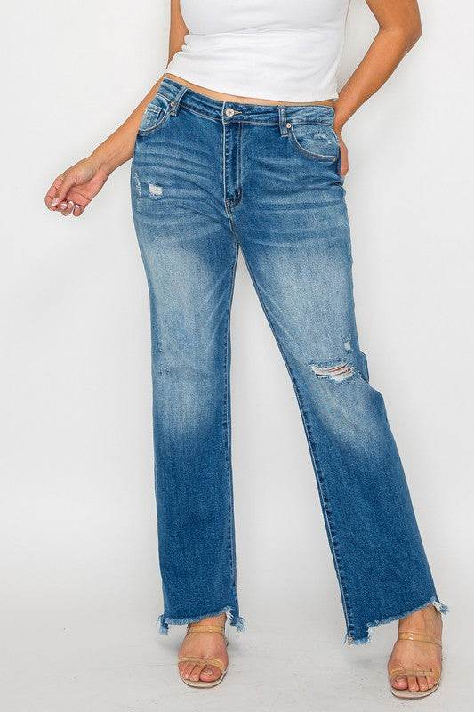 bytos Full Size Raw Hem Distressed Mid Rise Straight Jeans - Delanoir