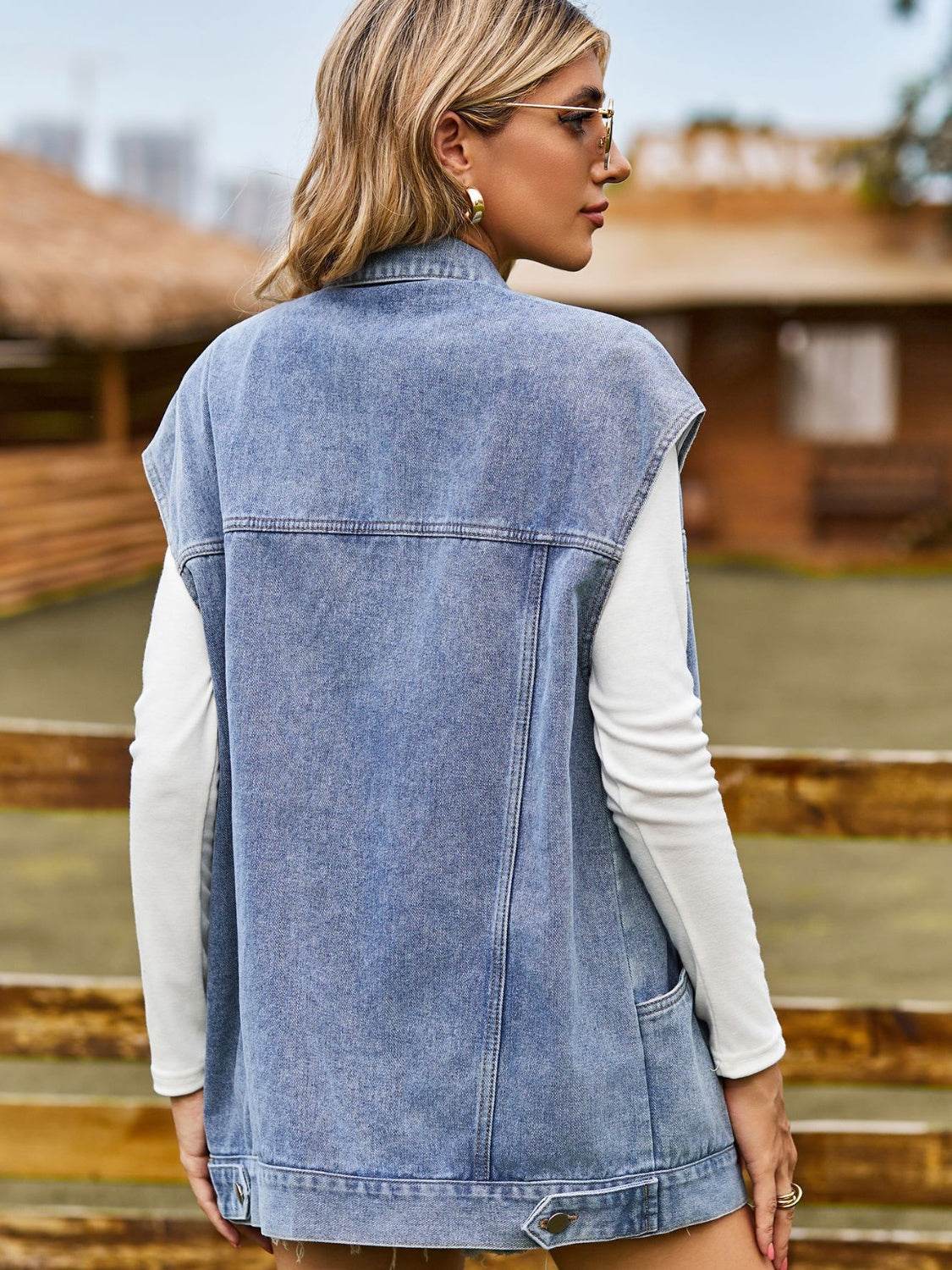 Button Up Collared Neck Sleeveless Denim Jacket - Delanoir