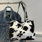 Cow Print Furry Tote Bag - Delanoir
