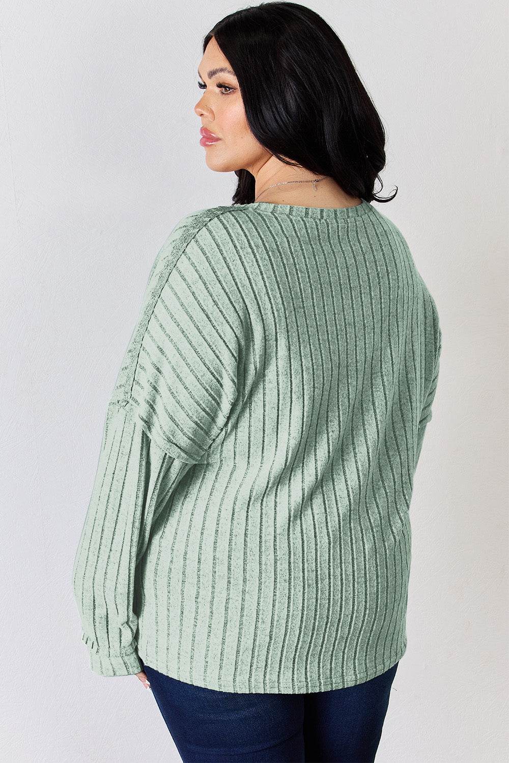 Basic Bae Full Size Ribbed Half Button Long Sleeve T-Shirt - Delanoir