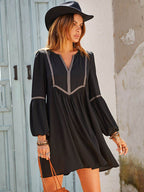 Ruched Notched Long Sleeve Mini Dress - Delanoir