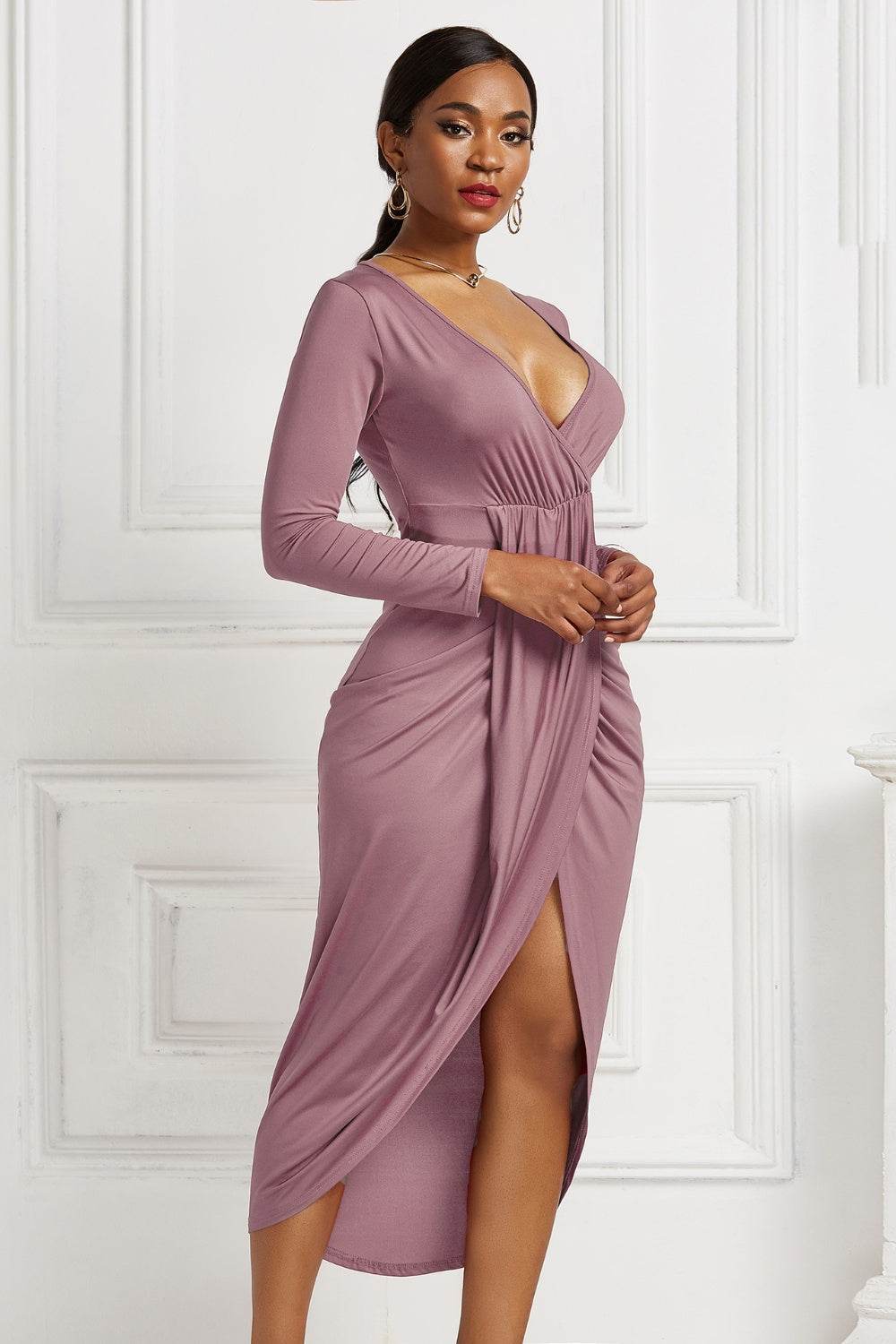 High-low Ruched Surplice Long Sleeve Dress - Delanoir