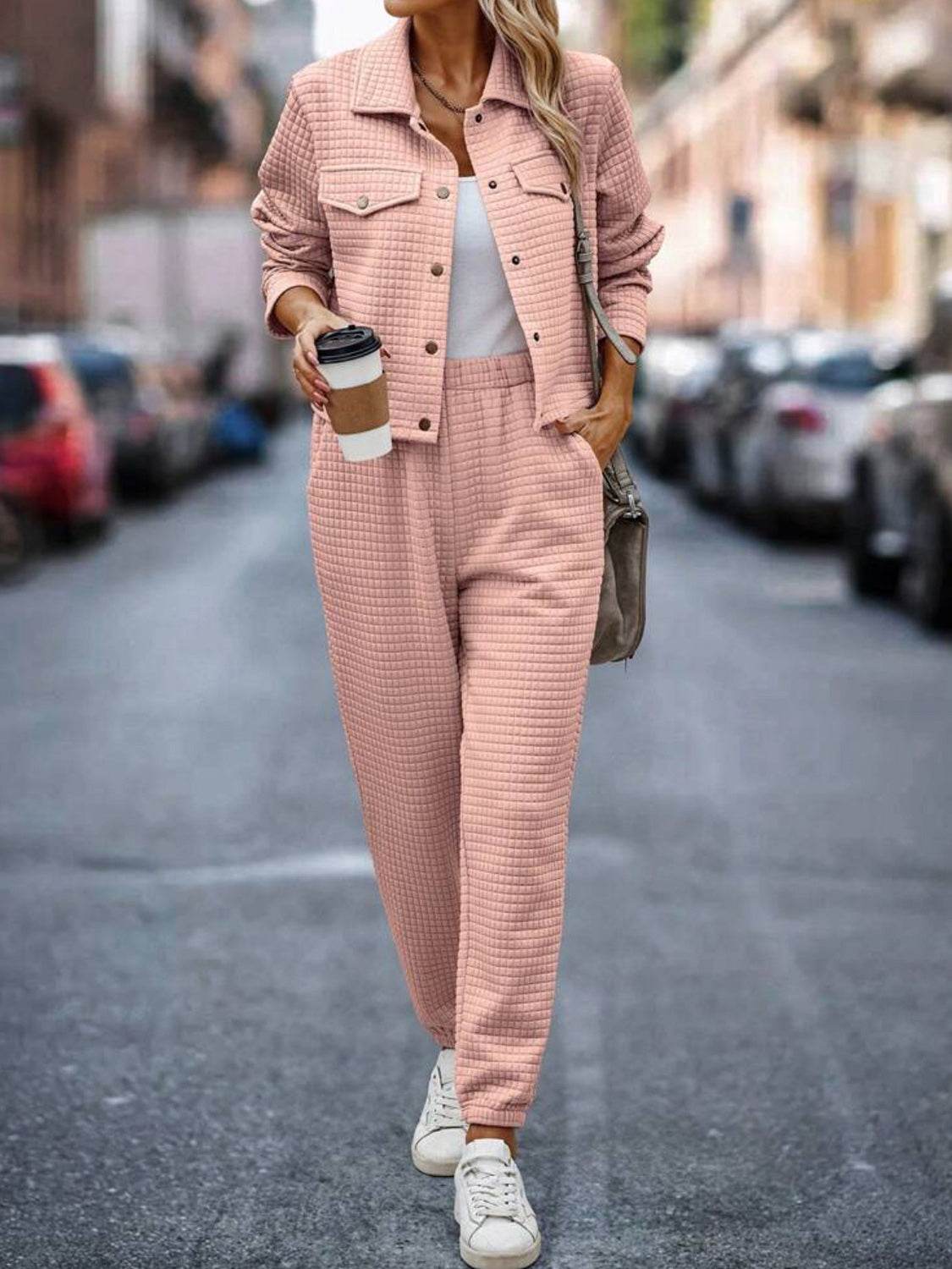 Plaid Texture Snap Down Top and Pants Set - Delanoir