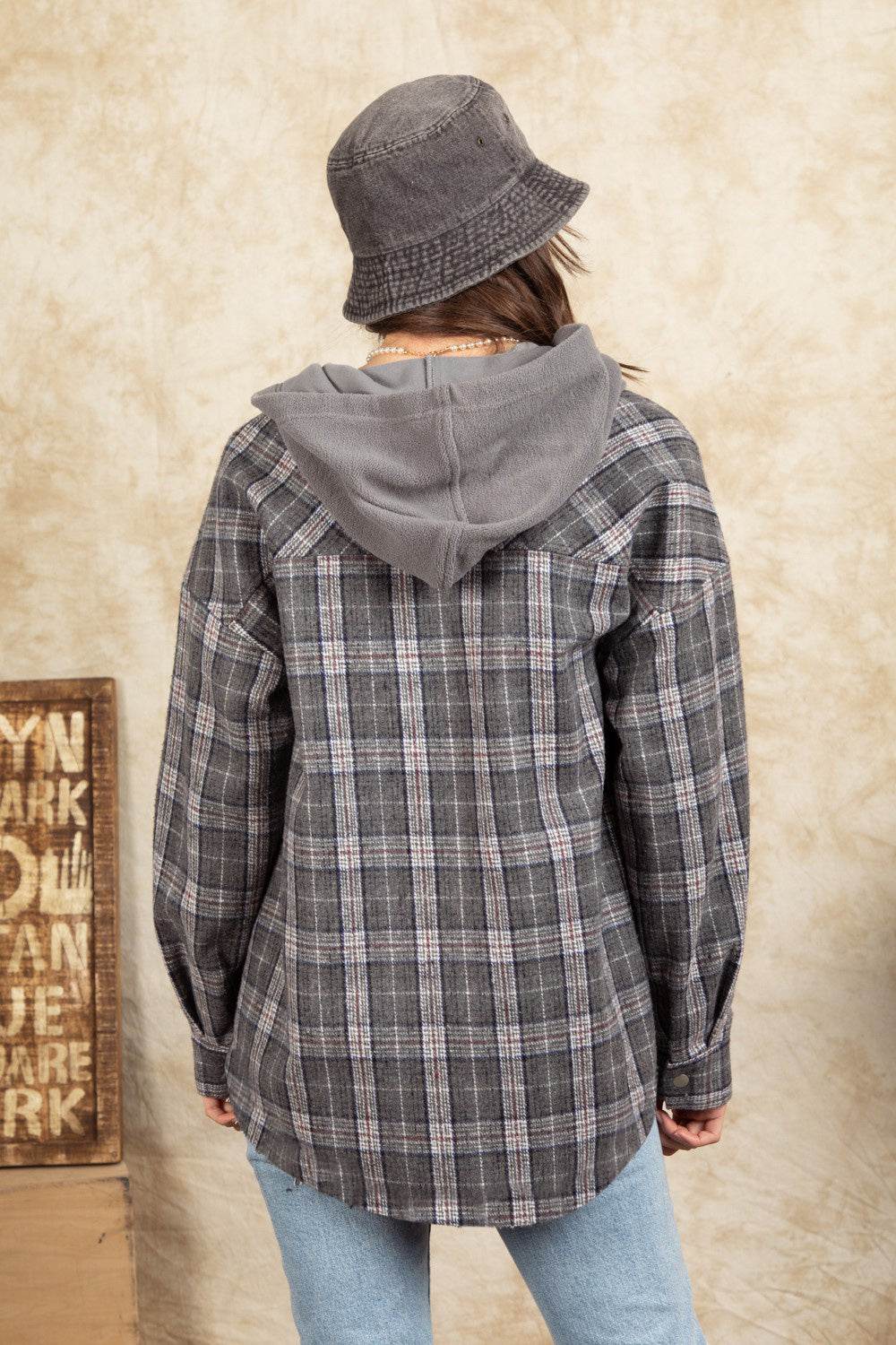 Drawstring Plaid Long Sleeve Hooded Jacket - Delanoir
