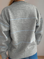 Striped Button Down V-Neck Long Sleeve Cardigan - Delanoir