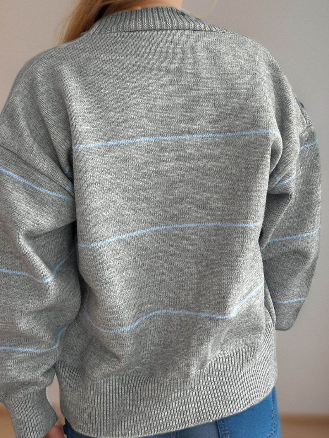 Striped Button Down V-Neck Long Sleeve Cardigan - Delanoir