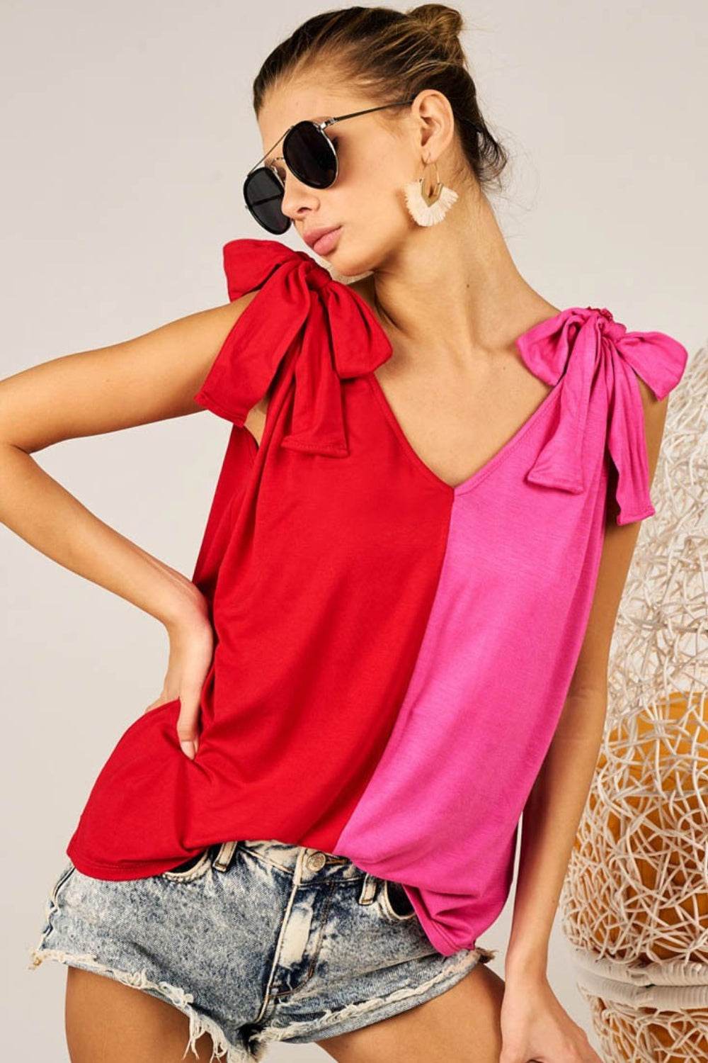 BiBi Shoulder Ribbon Tied Contrast Tank - Delanoir