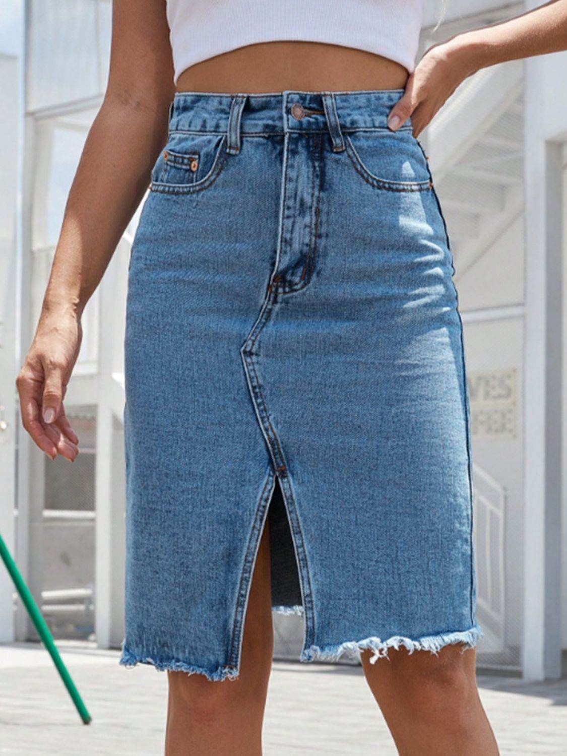 Raw Hem Slit Denim Skirt - Delanoir