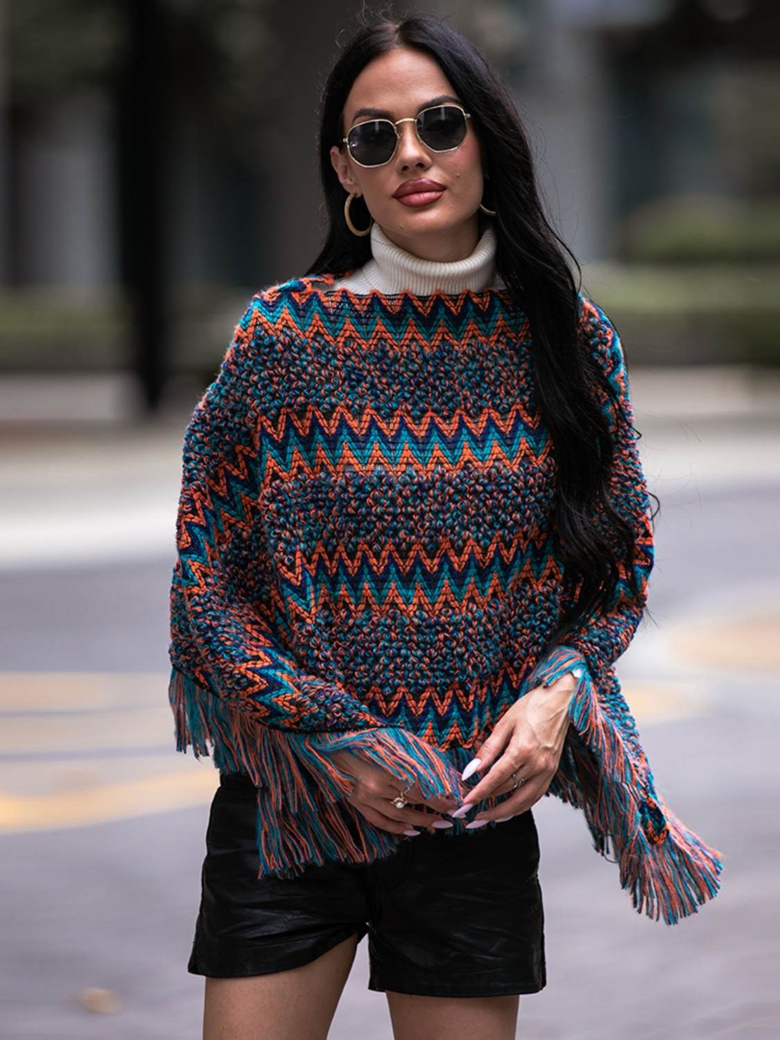 Shiny Fringe Hem Boat Neck Poncho - Delanoir