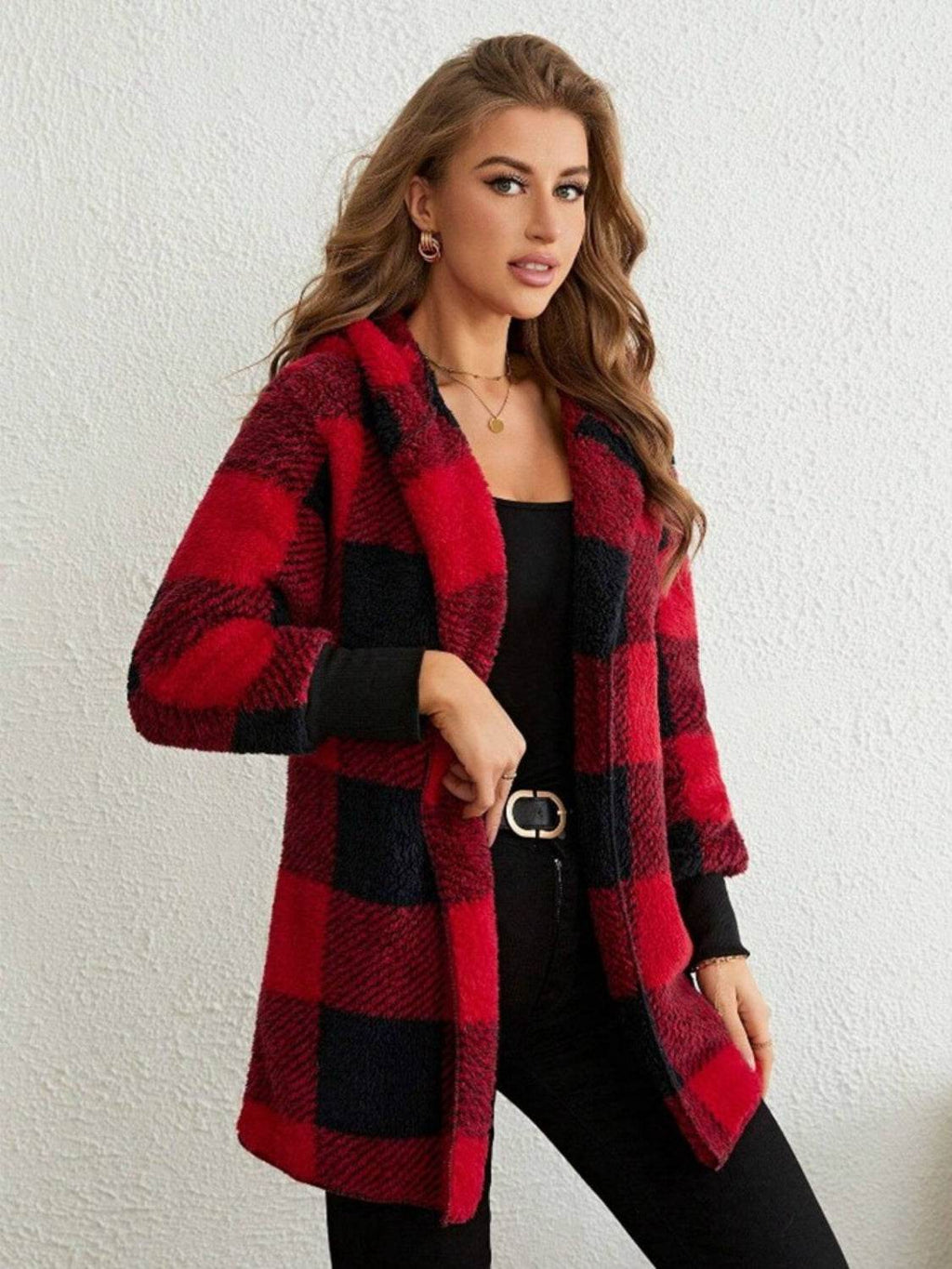 Plaid Long Sleeve Hooded Coat - Delanoir
