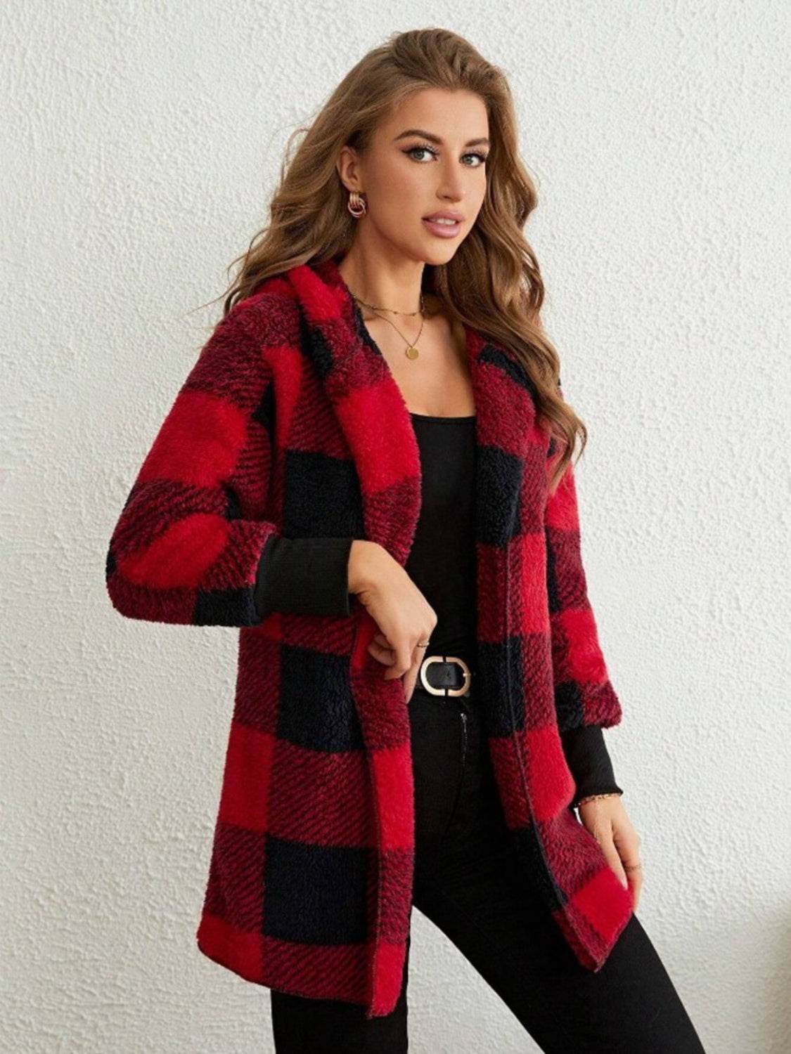 Plaid Long Sleeve Hooded Coat - Delanoir