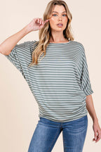 BOMBOM Striped Boat Neck Dolman Sleeve Top - Delanoir