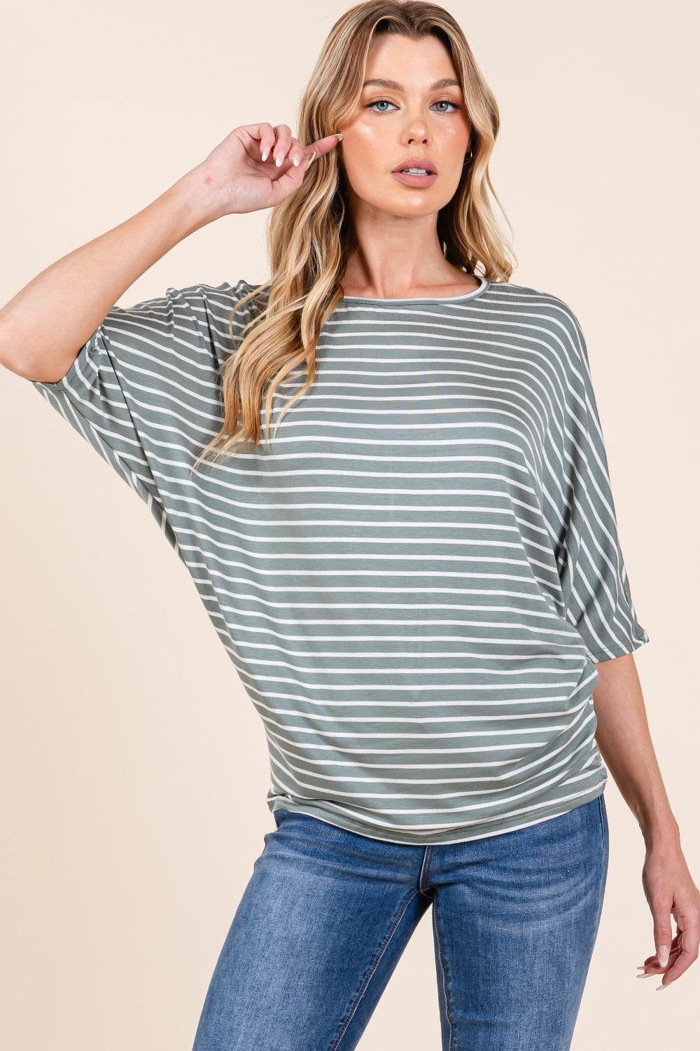 BOMBOM Striped Boat Neck Dolman Sleeve Top - Delanoir