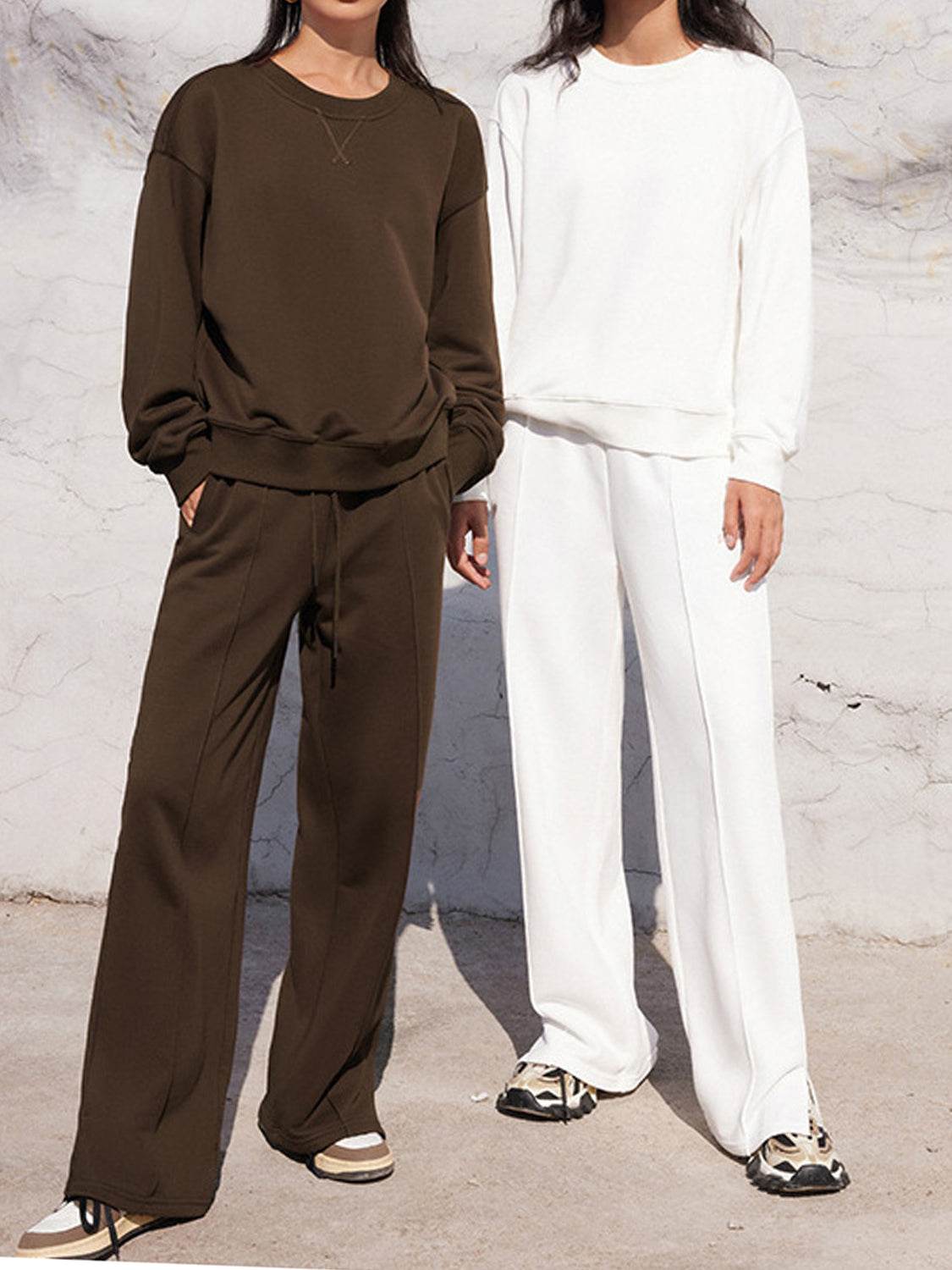 Round Neck Long Sleeve Top and Elastic Waist Pants Set - Delanoir
