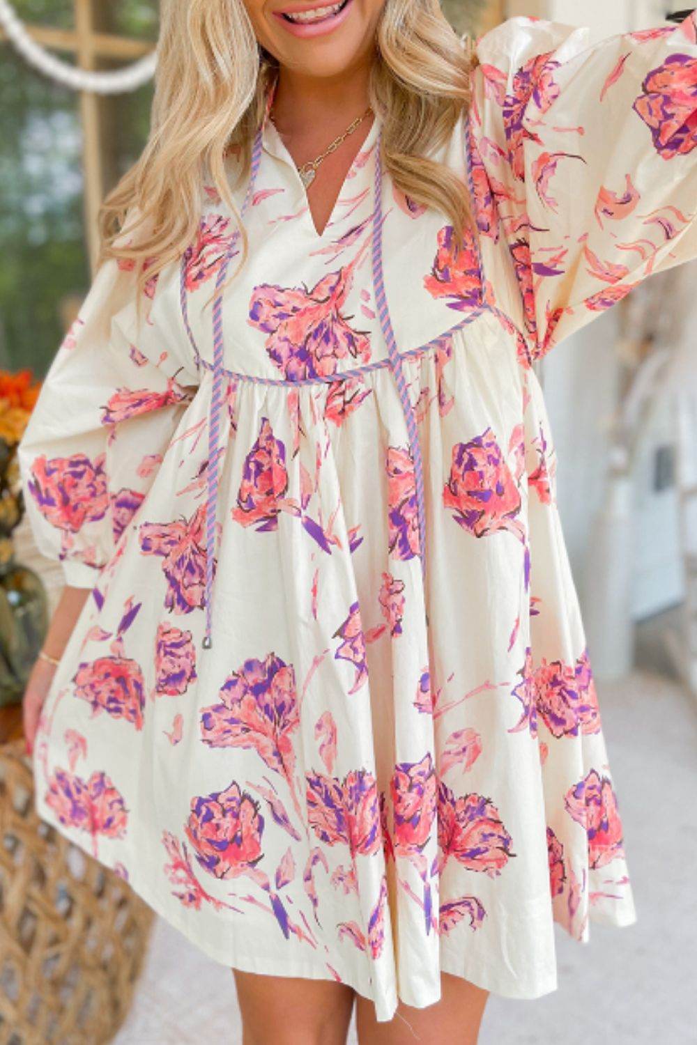 Tied Flower Printed Three-Quarter Sleeve Dress - Delanoir