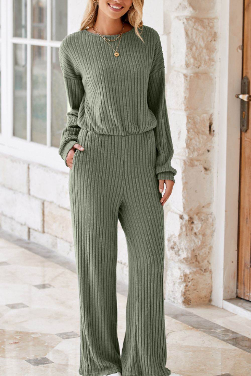 Round Neck Long Sleeve Jumpsuit - Delanoir