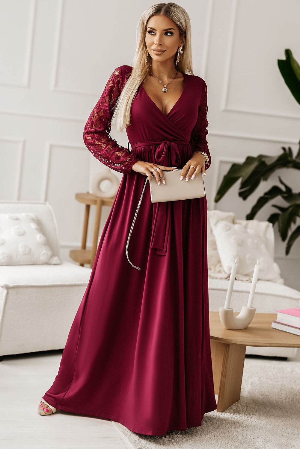 Lace Detail Surplice Tie-Waist Maxi Dress - Delanoir