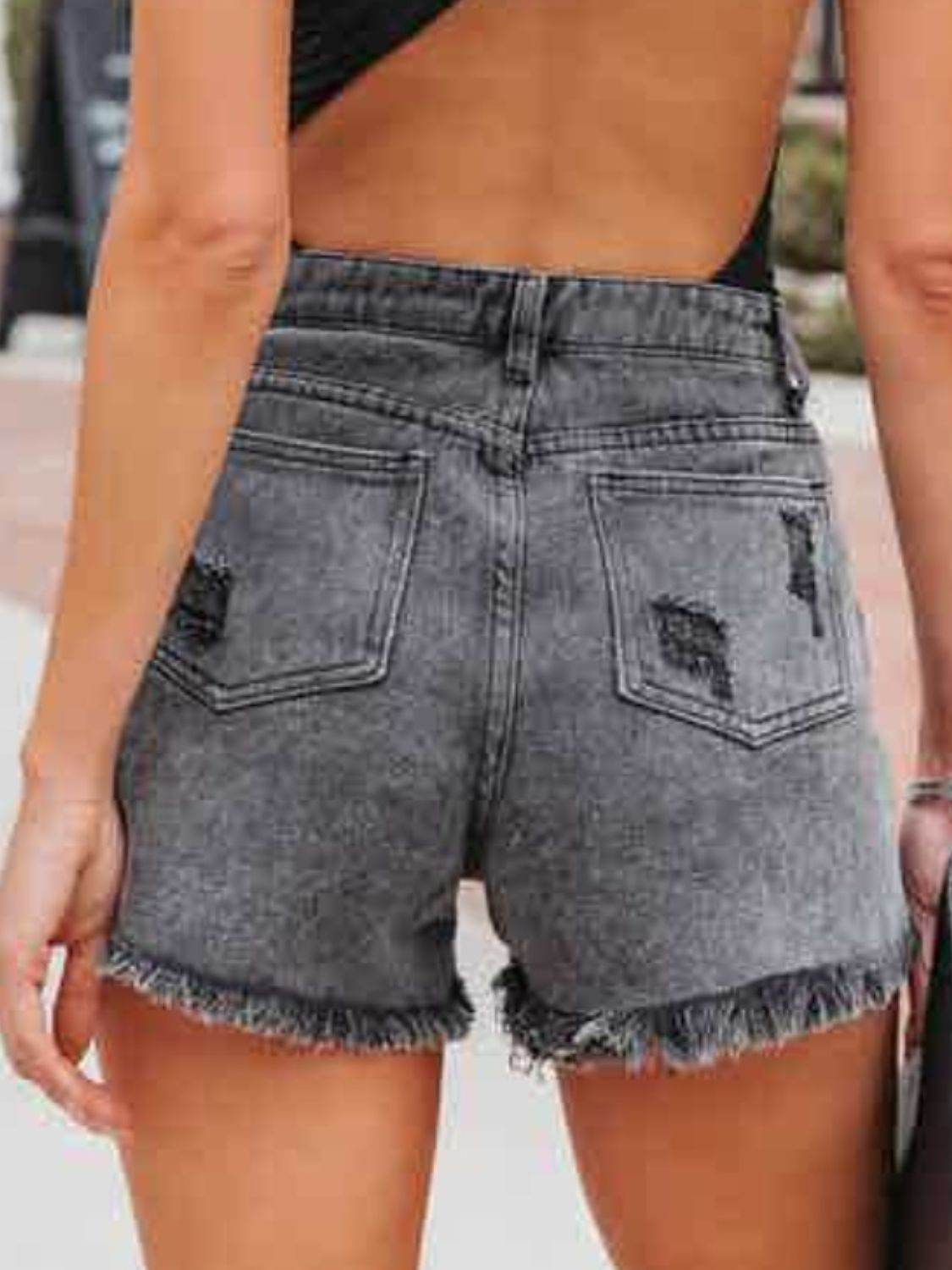 Distressed Fringe Denim Shorts with Pockets - Delanoir