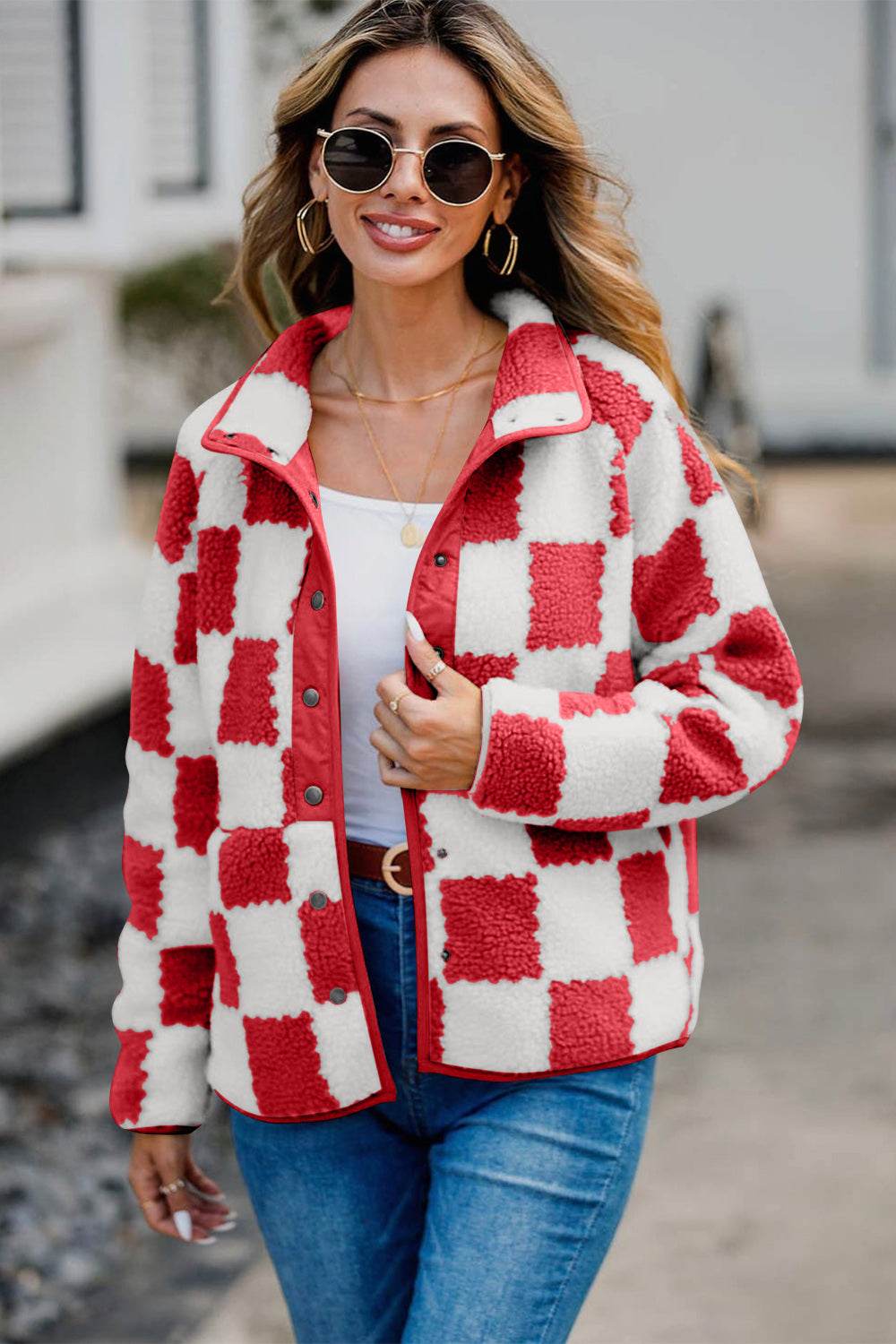 Checkered Snap Down Long Sleeve Teddy Jacket - Delanoir