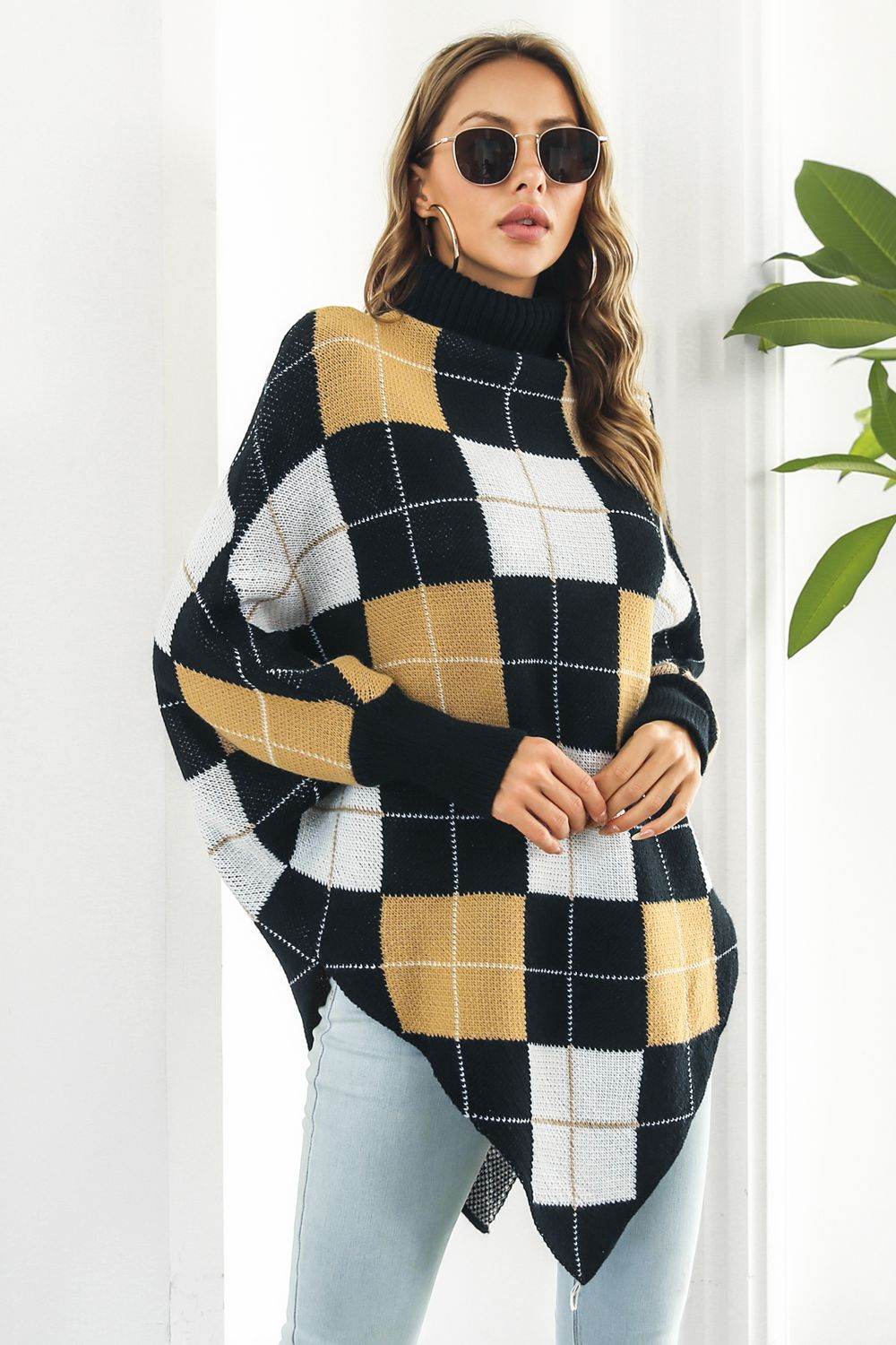 Plaid Turtleneck Dolman Sleeve Poncho - Delanoir