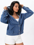 Button Up Hooded Denim Top - Delanoir