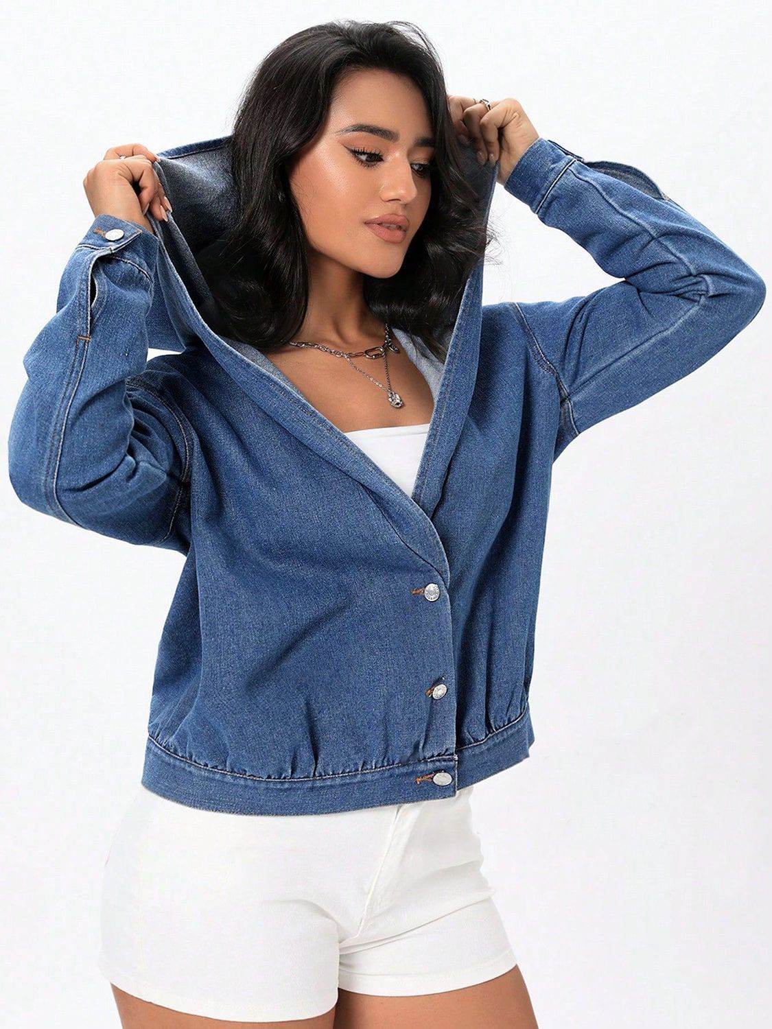 Button Up Hooded Denim Top - Delanoir
