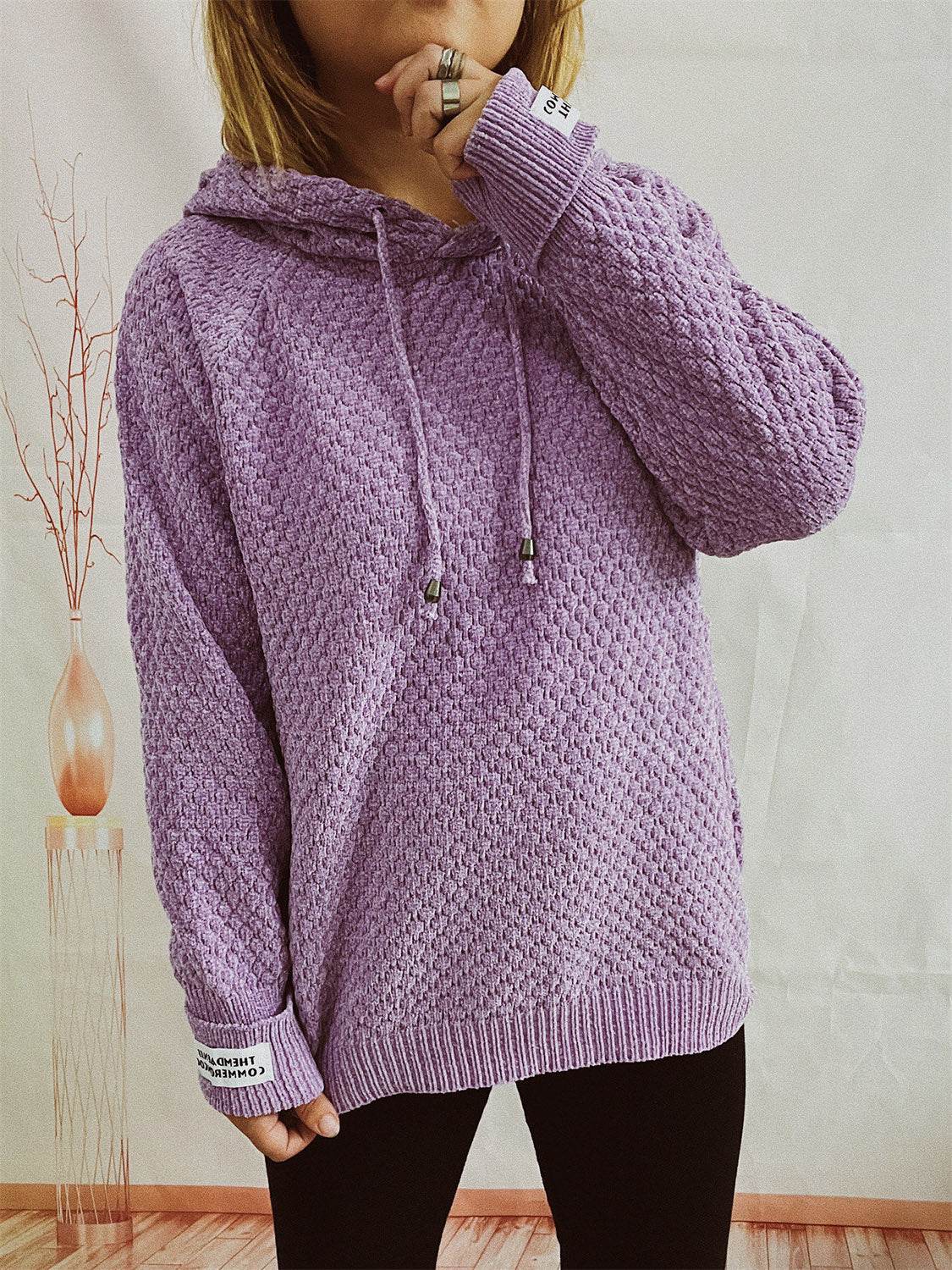 Drawstring Long Sleeve Hooded Sweater - Delanoir