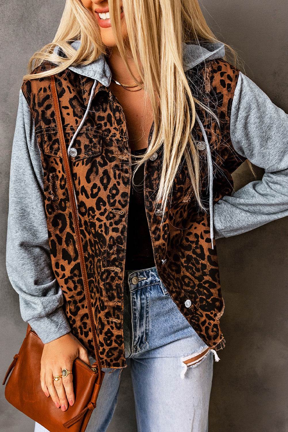 Leopard Distressed Drawstring Hooded Denim Jacket - Delanoir