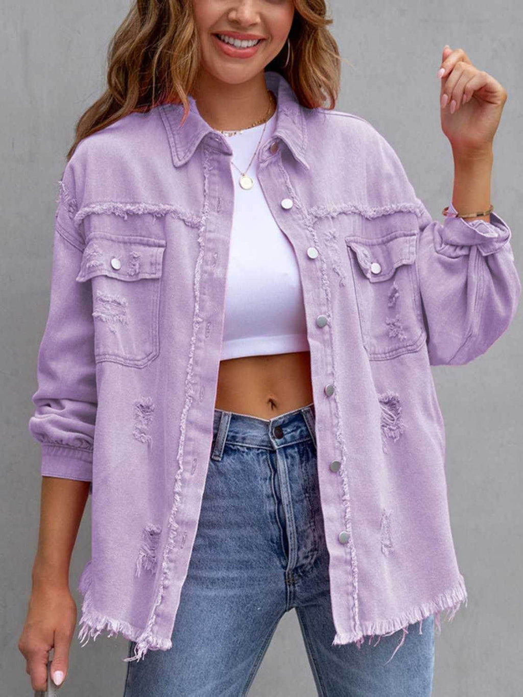 Distressed Drop Shoulder Denim Jacket - Delanoir