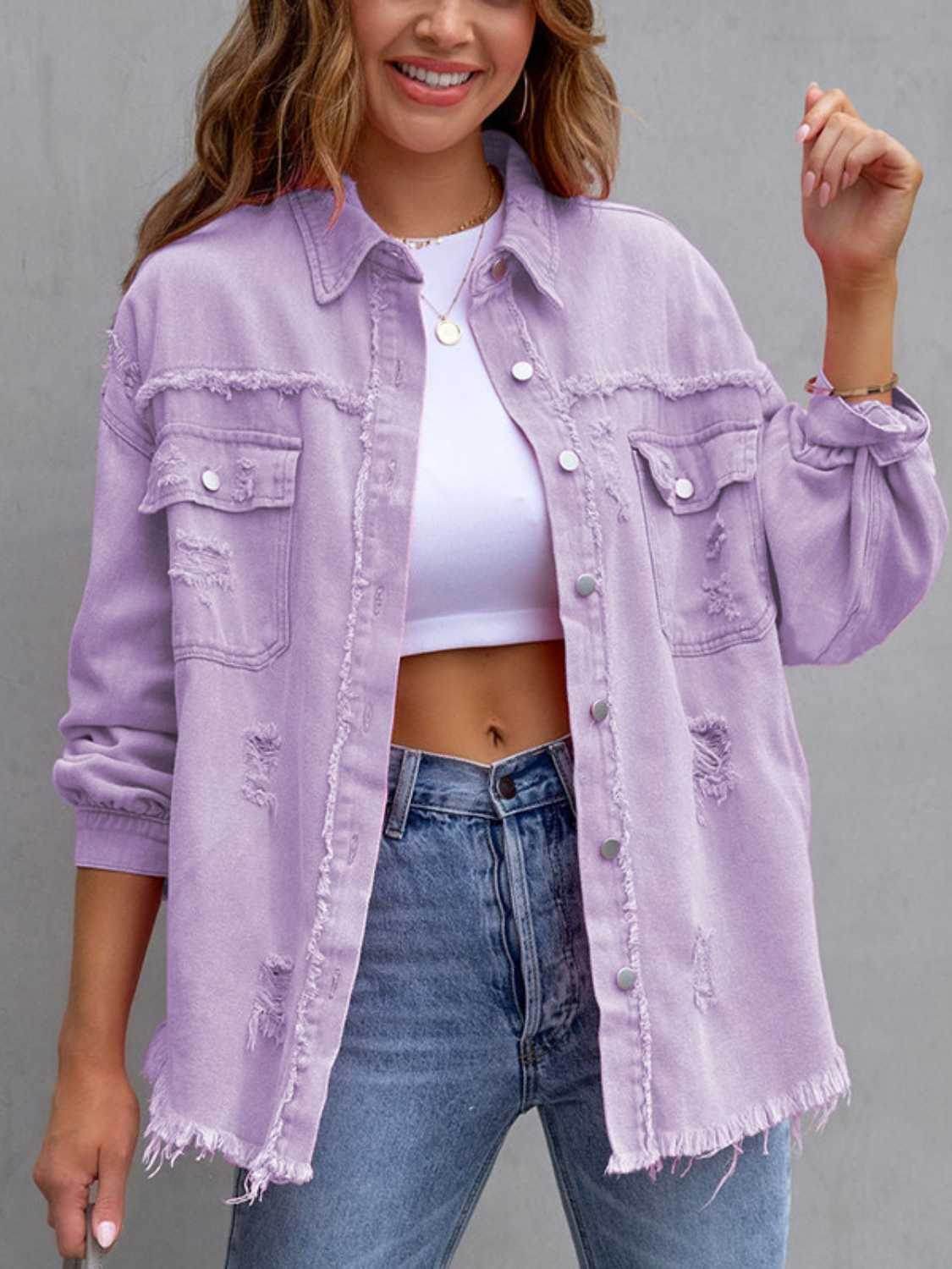 Distressed Drop Shoulder Denim Jacket - Delanoir